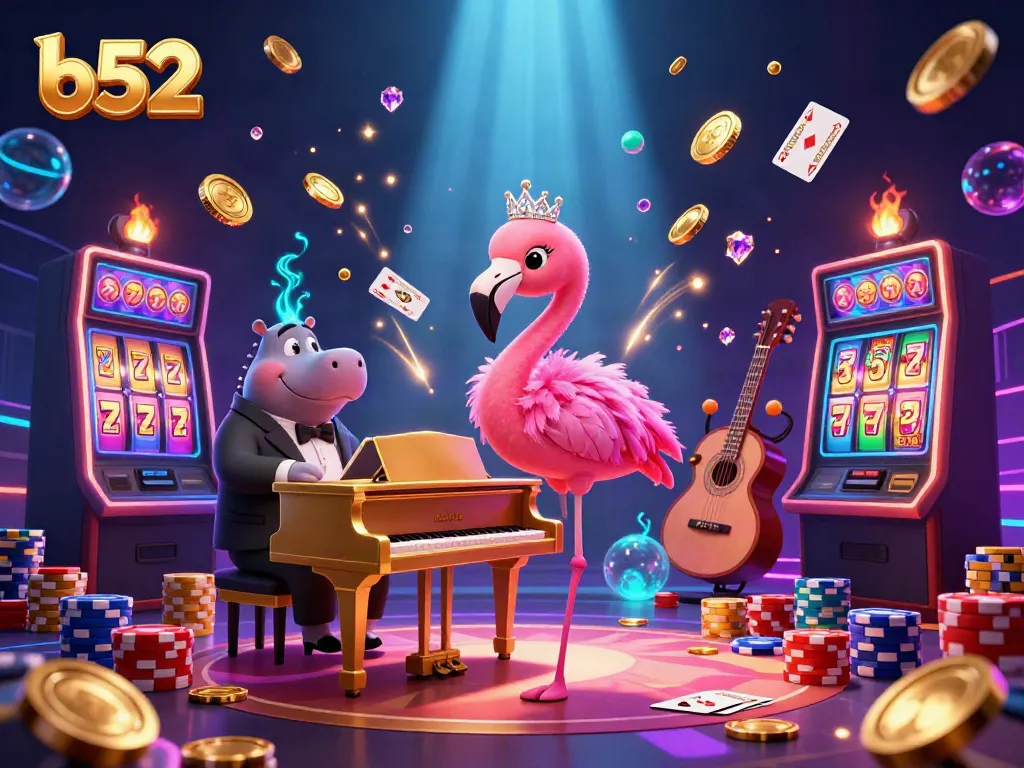 Experience the vibrant b52 casino scene with a musical flamingo and hippo amidst casino excitement.