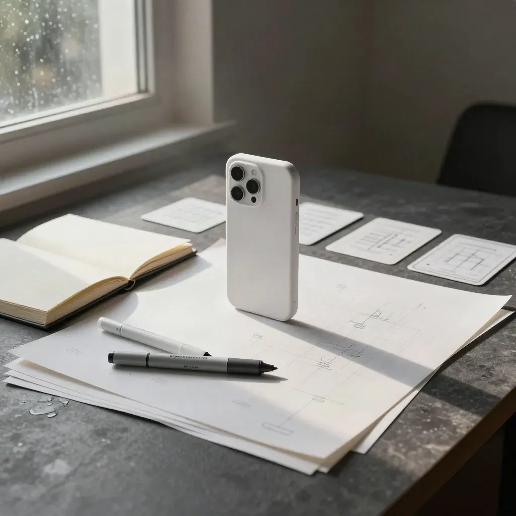 Makieta Lean UX z wireframe’ami i białą atrapą telefonu na ciemnym stole po deszczu.