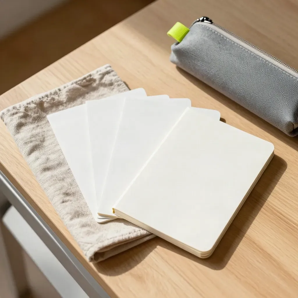Startowy zestaw Lean UX: karty warsztatowe, lniana tkanina, etui i notes na jasnym dębowym stole