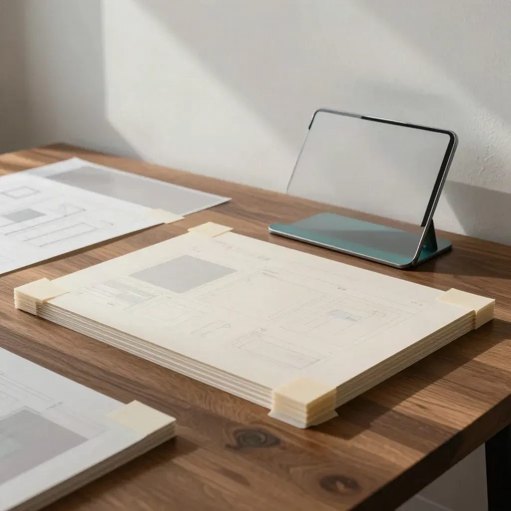 Prototypy ekranów z pianki i tablet stand przy gładkiej ścianie w surowym świetle