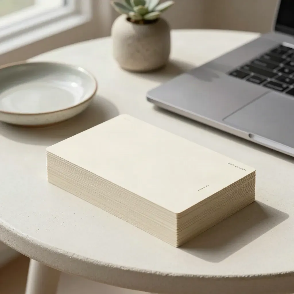 Modułowe karty produktu, zamknięty laptop, ceramiczna miska i niski kwiat na jasnym tynku.