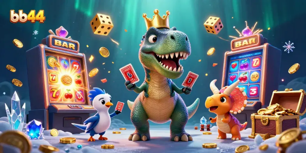 bb44 game scene featuring a cartoon T-Rex shuffling cards, amid jackpot excitement and golden chips.