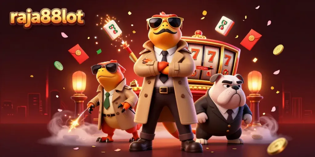 Experience raja88slot with three raptors in a trench coat sneaking into a VIP lounge amidst casino decor.
