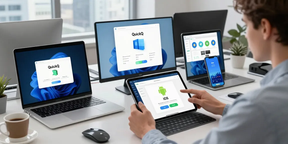 在quickq下载中心，用户在现代办公桌前使用多台设备下载QuickQ，展现出高效的网络连接体验。