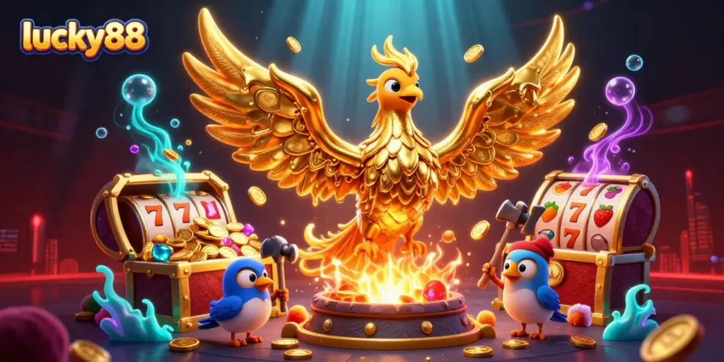 Experience thrilling spins with lucky88 featuring vivid golden phoenix and cascading slot reels.