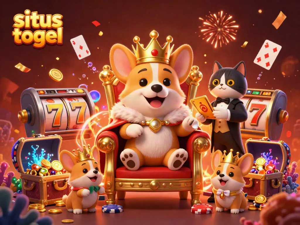 Engage with the vibrant world of situs togel showcasing a royal corgi, cat butler, and cheerful corgis amidst dynamic casino elements.