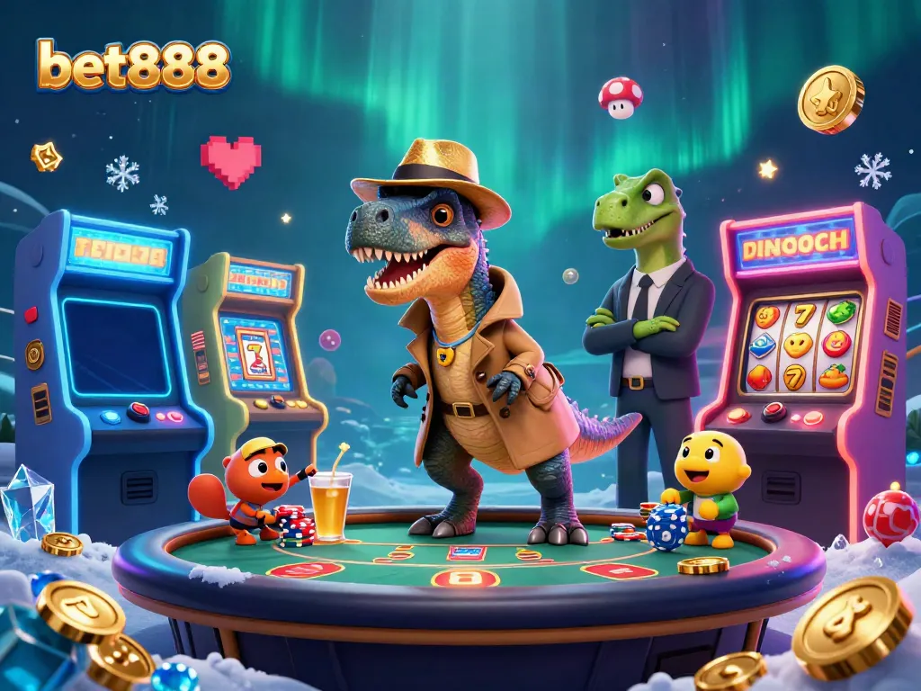 Experience exciting gameplay at bet888 with a velociraptor card counter in a bustling casino environment.