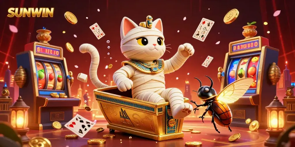 SUNWIN showcases a lively pyramid casino scene with an energetic mummy cat, glowing scarab, and floating slot symbols.
