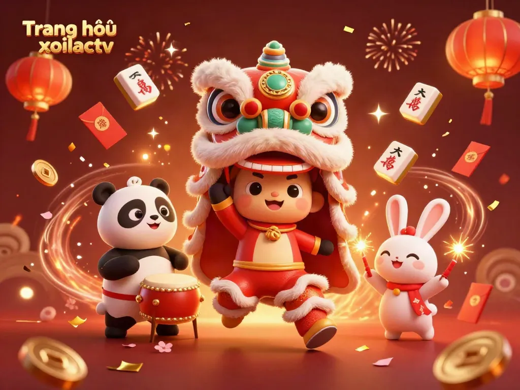 Engage with Trang chủ xoilactv's vibrant 3D illustration featuring a lion dance and festive elements in a dynamic gambling context.