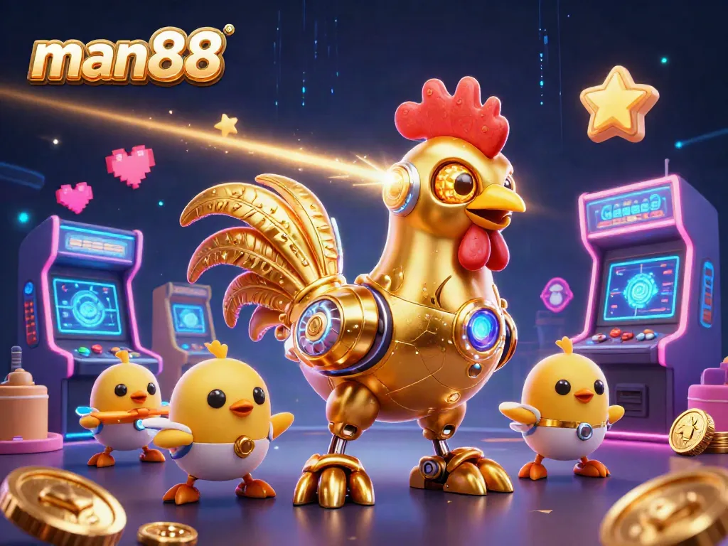 Experience thrilling gameplay at man88 with a vibrant 3D illustration featuring exciting arcade elements.
