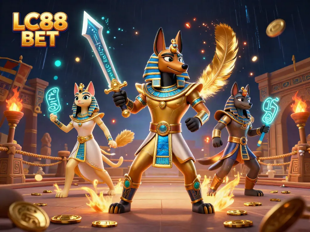 Engage in thrilling gaming with LC88 BET amidst vibrant ancient Egyptian warriors and casino elements.