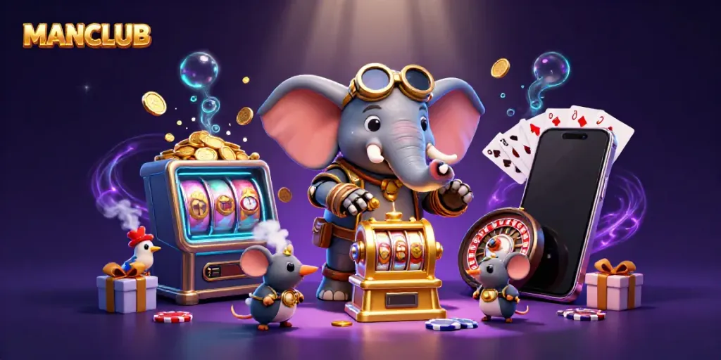 Experience thrilling action at MANCLUB with a mechanical elephant operating vibrant slot machines and games.