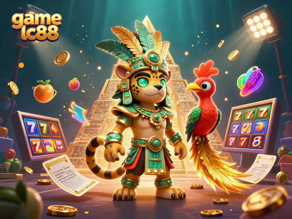 Engage in thrilling game lc88 action with 3D Mayan joker priest and vibrant jackpot symbols.
