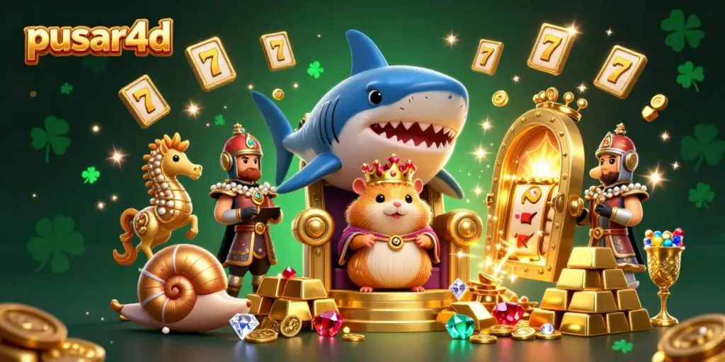 Pusar4d captivating scene with a fierce hamster king and royal guards beside spinning slot reels and sparkling gold treasures.