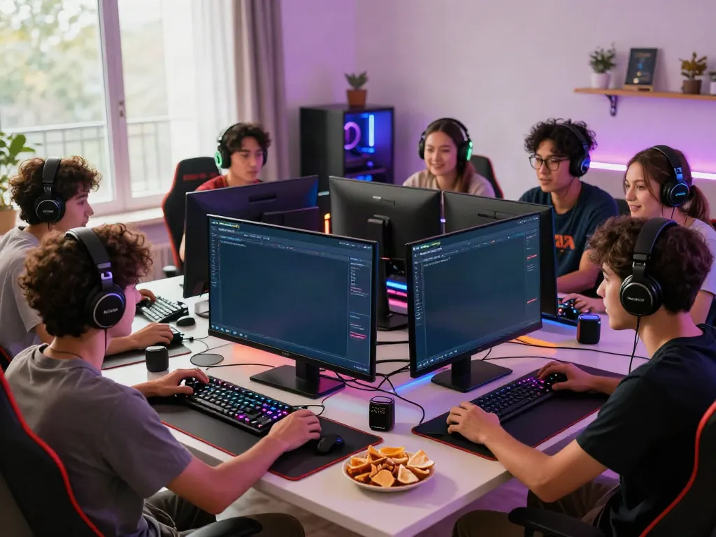 Friends enjoying a multiplayer gaming session on kilat404 platform in a vibrant, colorful room.
