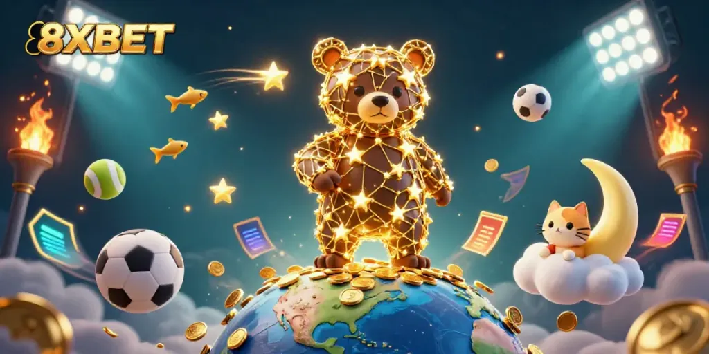 Engage with 8XBET's dynamic gaming experience amidst a celestial bear and sports elements.