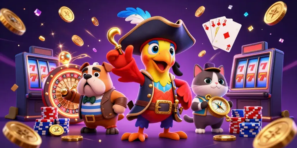 Experience the excitement of bet888 with a vibrant 3D casino scene filled with characters, coins, and game elements.