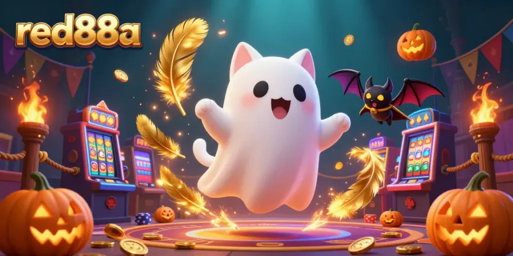 Engage with thrilling slots and jackpots at red88a, featuring a floating ghost cat in a casino setting.