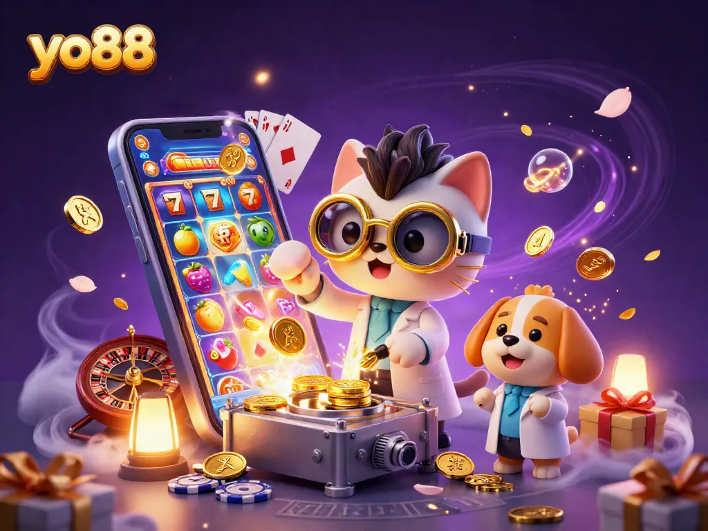 Spin to win with yo88, as colorful slots and golden coins burst forth in a vibrant casino scene.