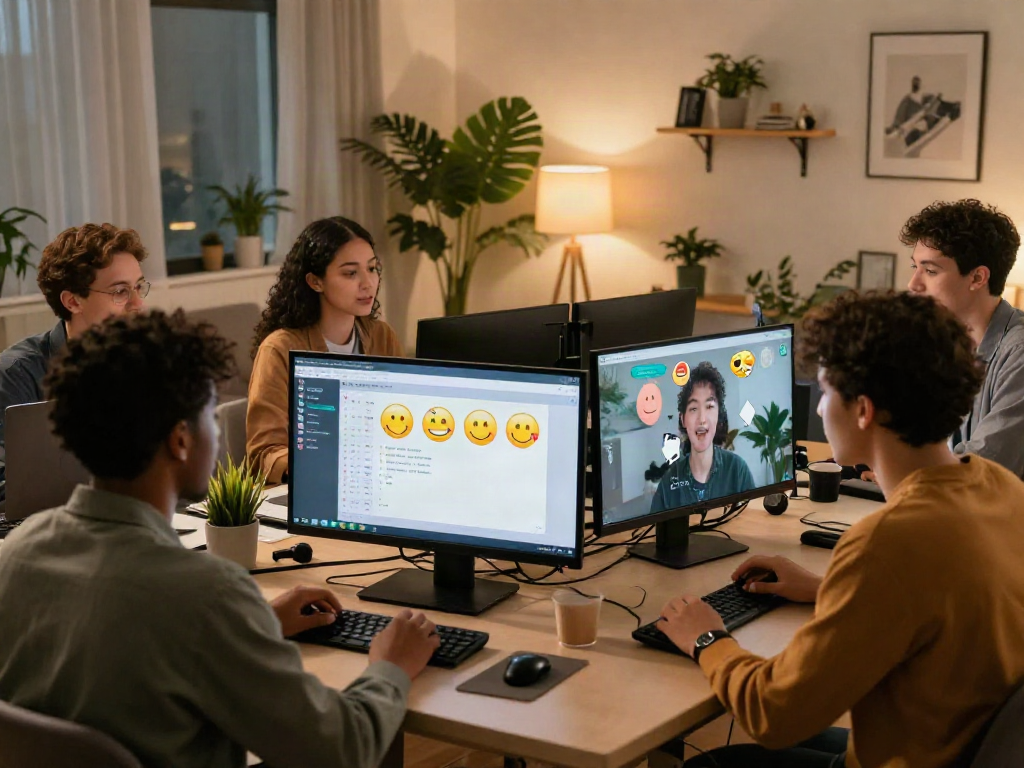 Engaging nsfw chat scene with friends connecting through vibrant digital conversations in cozy home offices.