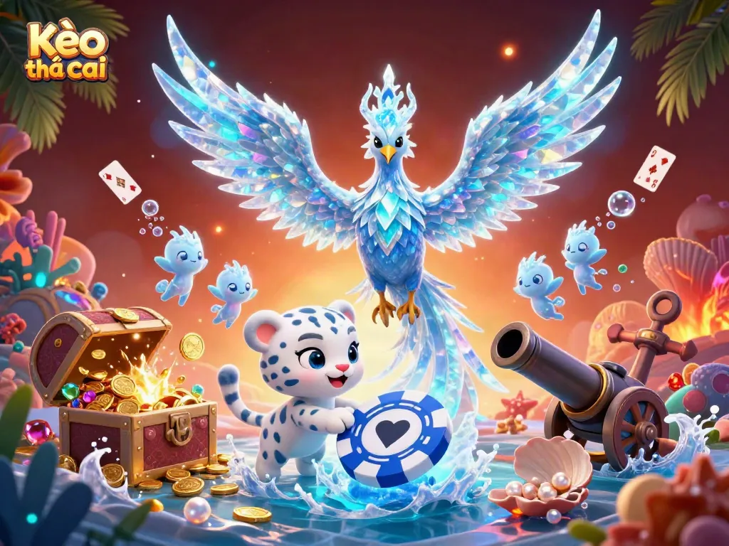 Engage with the dynamic Kèo nhà cái scene filled with vibrant characters and casino elements like poker chips and cards.