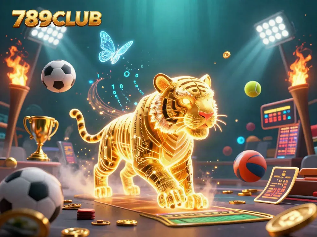 Engage with 789CLUB as the golden tiger navigates a lively sports betting casino.