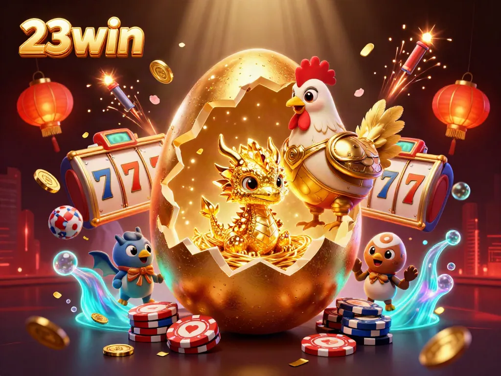 Experience thrilling casino adventures with 23win, featuring a golden dragon and jackpot elements bursting from a golden egg.