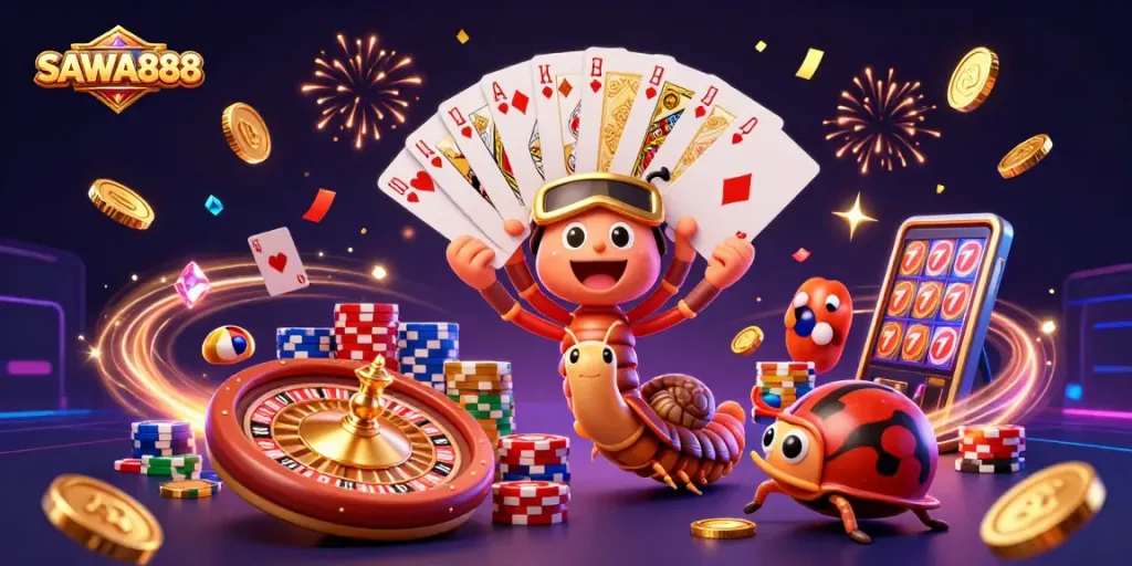 SAWA888 showcases a vibrant cartoon casino scene with colorful characters and dynamic game elements.