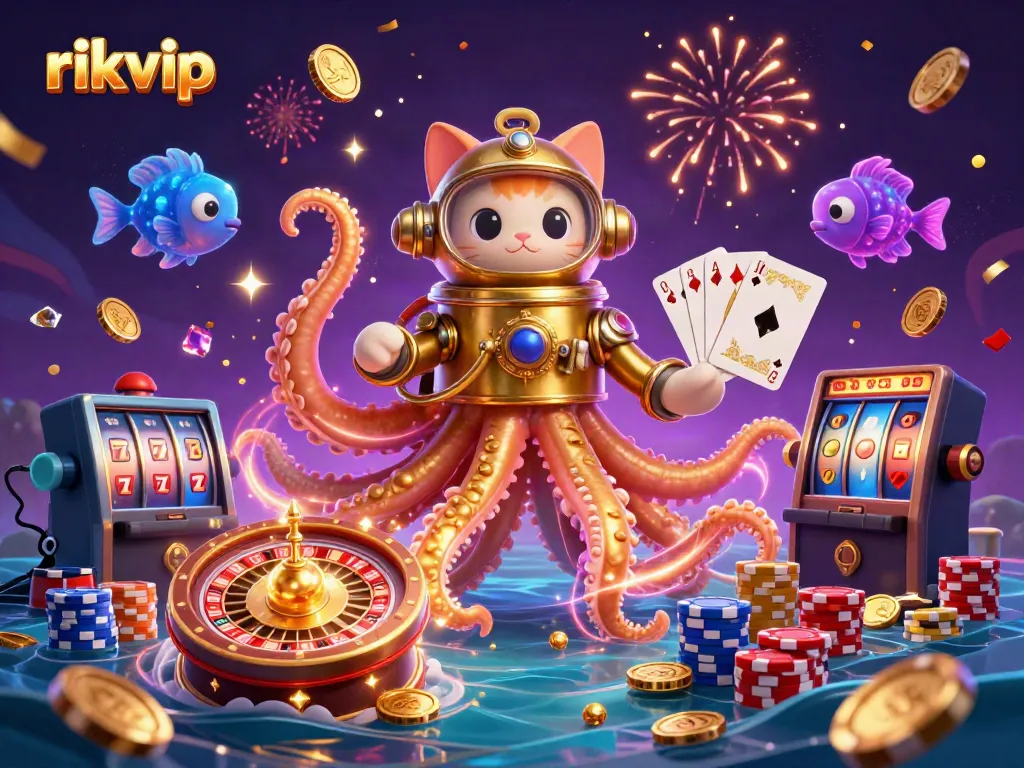 Experience the thrill of rikvip with the colossal kraken and diving cat in a vibrant casino environment.