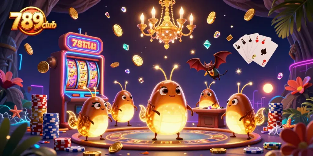 Experience excitement at 789club with glowing characters, vibrant slots, and sparkling gems in this casino scene.