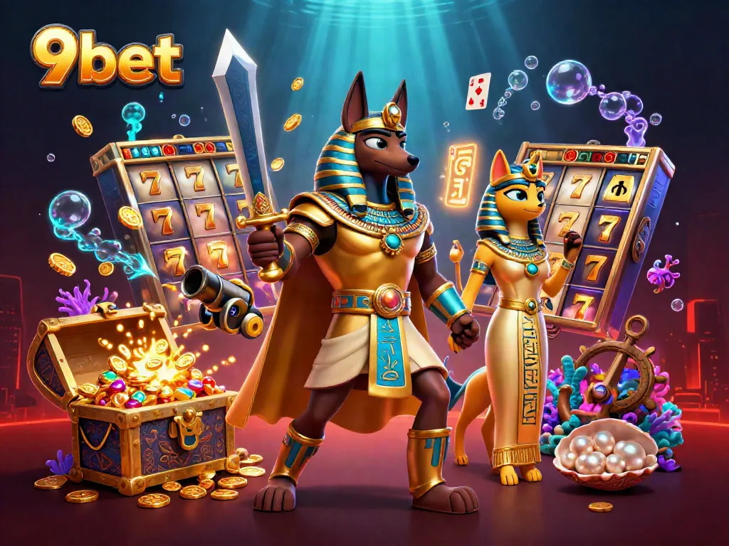 Win big with 9bet's vibrant casino games featuring Anubis and Bastet in action.