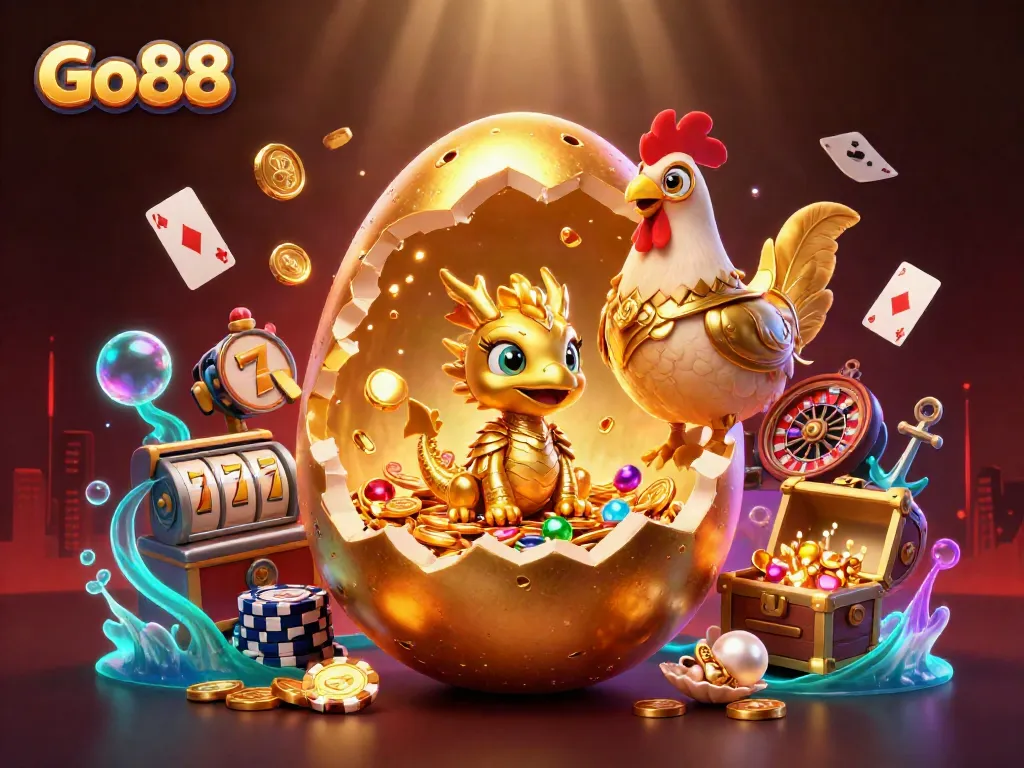 Engage with Go88 through a vibrant scene featuring a golden dragon and casino elements.