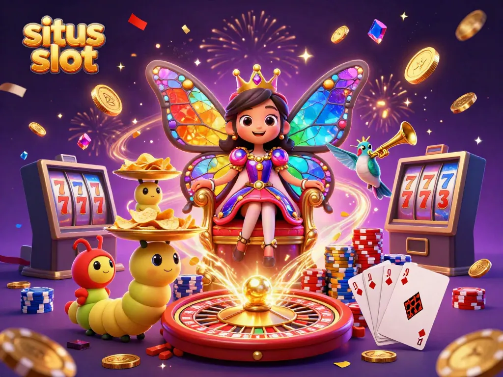 Engage in situs slot gaming through this vibrant 3D scene featuring animated characters and dynamic casino elements.