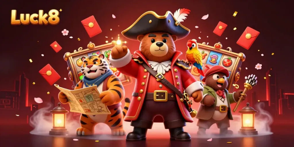 Experience the thrill of Luck8 with vibrant slot reels, a pirate bear, tiger, and parrot in a festive scene.