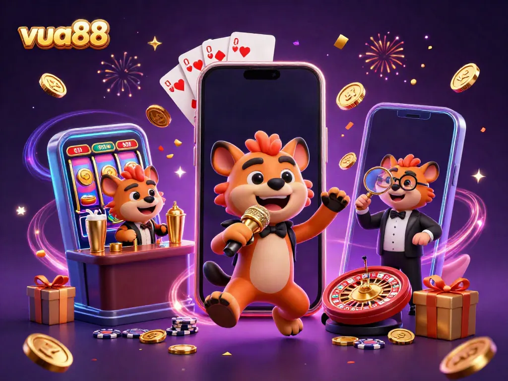 Experience the excitement of vua88's lively casino scene with hyena characters and vibrant gaming elements.