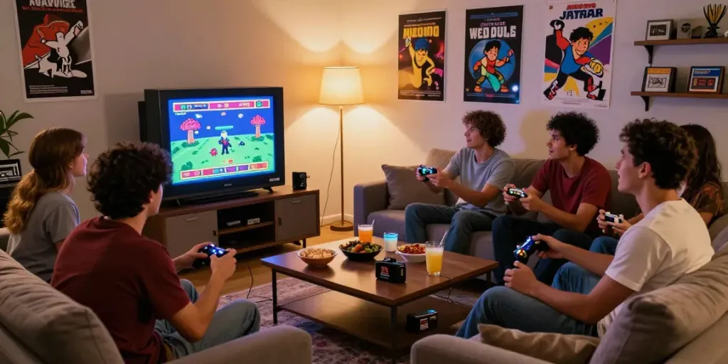 Pecah 404 gaming night with friends enjoying retro games, vibrant atmosphere