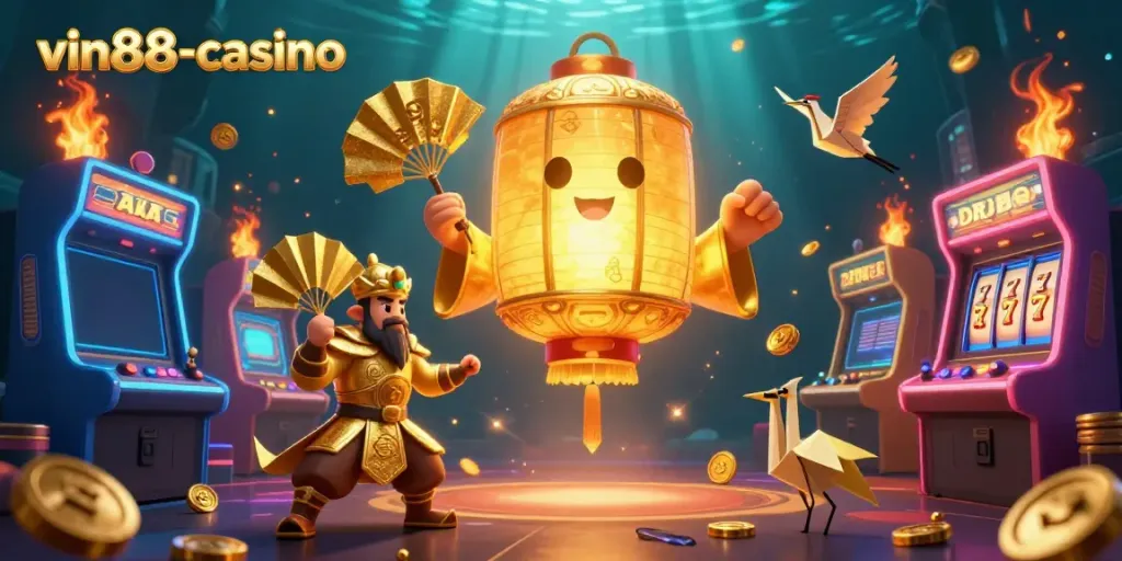 Experience the vibrant atmosphere of vin88-casino with dynamic game elements and a glowing lantern spirit.