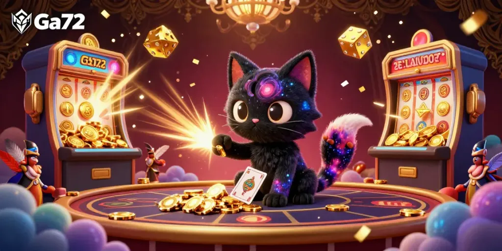 Engage in thrilling cockfighting at Ga72, featuring dynamic warriors and vibrant casino elements.