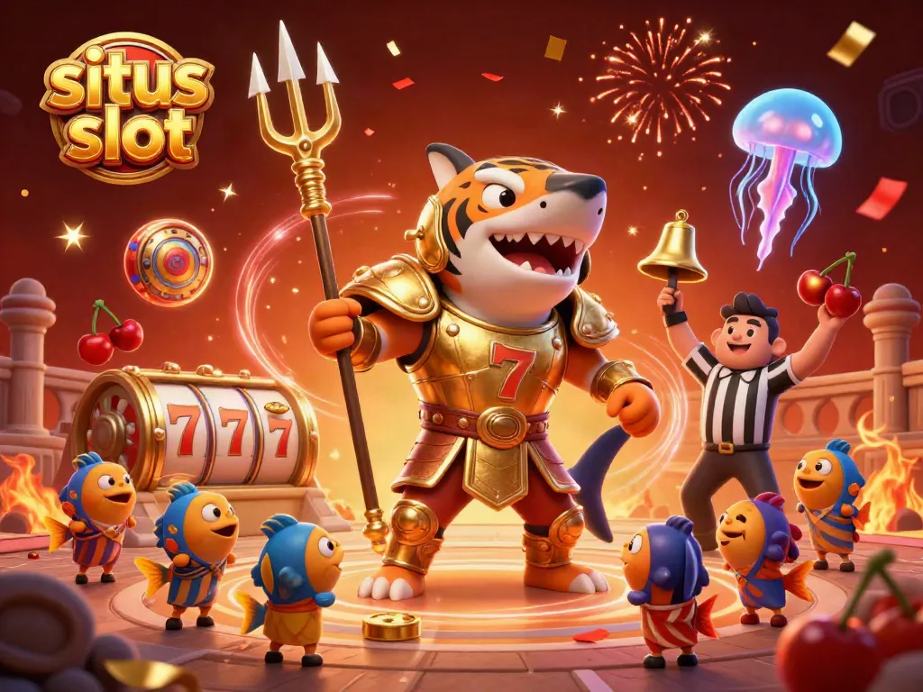 Situs slot illustration showcasing a fierce tiger shark in gladiator armor with slot reels and festive underwater elements.