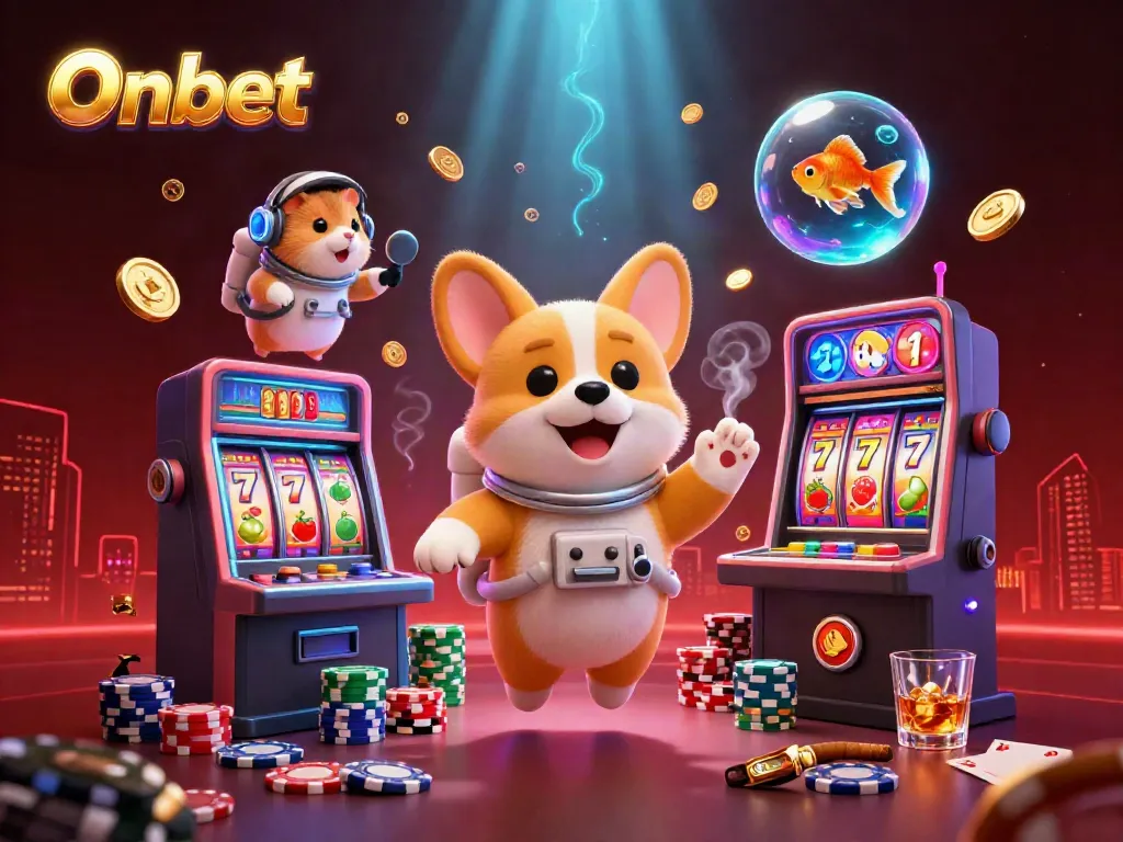 Engage with Onbet's vibrant online casino, showcasing playful characters in a dynamic gaming scene.