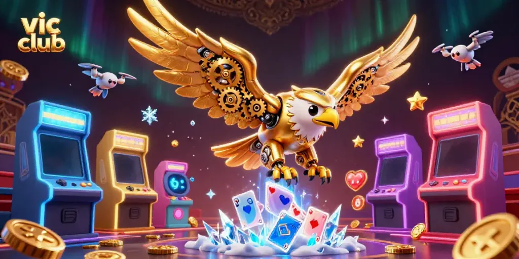 Experience the thrill at vic club with an epic 3D illustration depicting a cybernetic eagle surrounded by holographic cards and arcade machines.