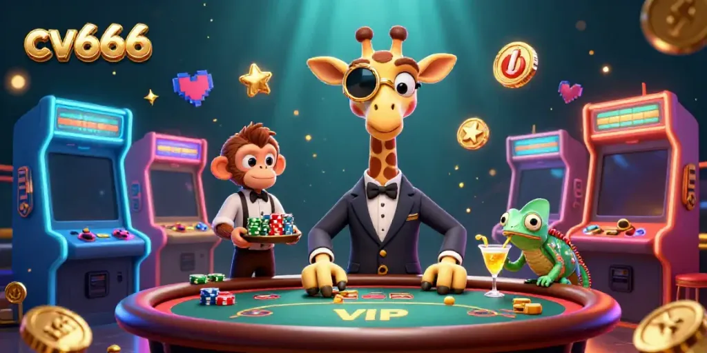 Experience the exciting world of cv666 through a high-roller giraffe at a VIP poker table with a vibrant gaming scene.