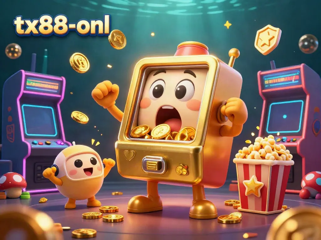 Experience the excitement of tx88-onl as the cartoon slot machine hits a jackpot amidst cheering baby slots and golden sparks.