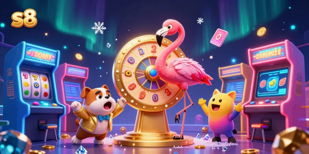 Spin the prize wheel with s8 in this vibrant casino-themed scene showcasing excitement and fun.