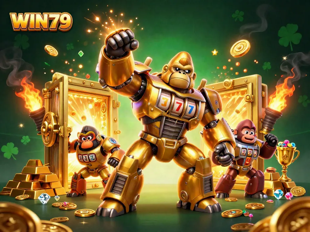 Engage with WIN79's thrilling gaming experience featuring a golden gorilla mech amidst treasures and slot symbols.