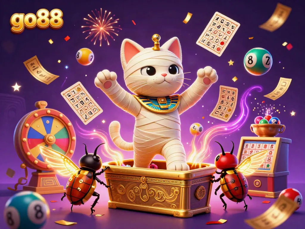 Experience the excitement of gambling with go88, featuring a mummy cat character, lottery elements, and vivid colors.