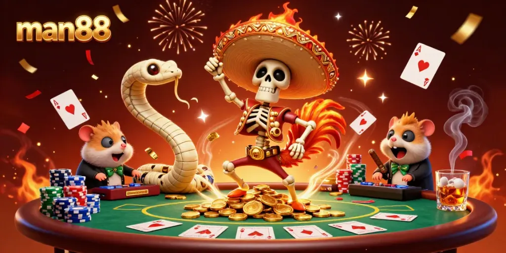 Experience man88's vibrant online casino world with a festive victory dance scene featuring dynamic gaming elements.