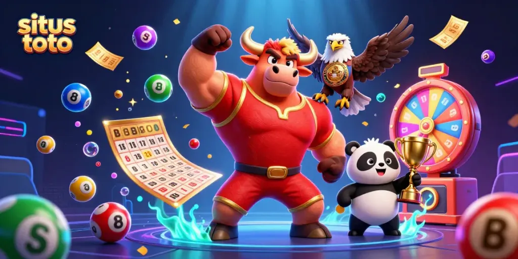 Engage in situs toto excitement with vibrant lottery elements and championship mascots celebrating winnings