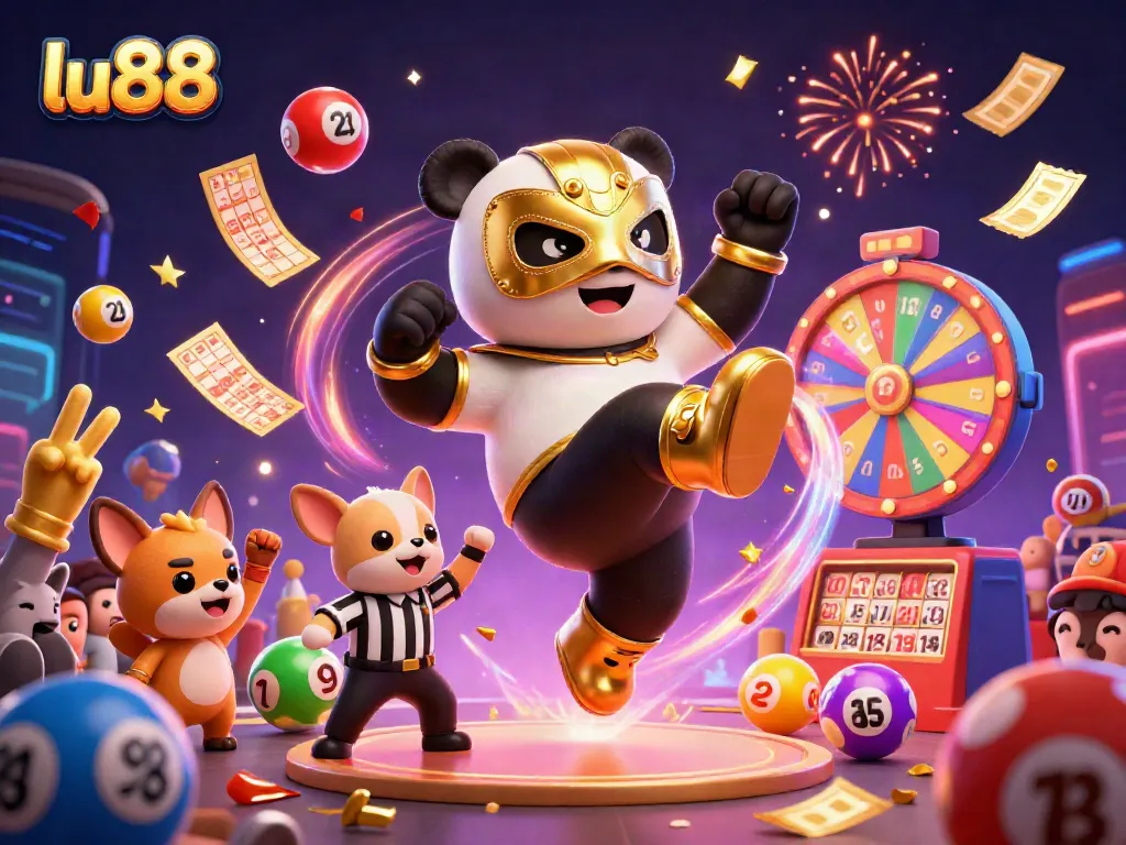 Experience exciting games at lu88 with a vibrant scene featuring a panda wrestler kicking amidst colorful lottery elements.