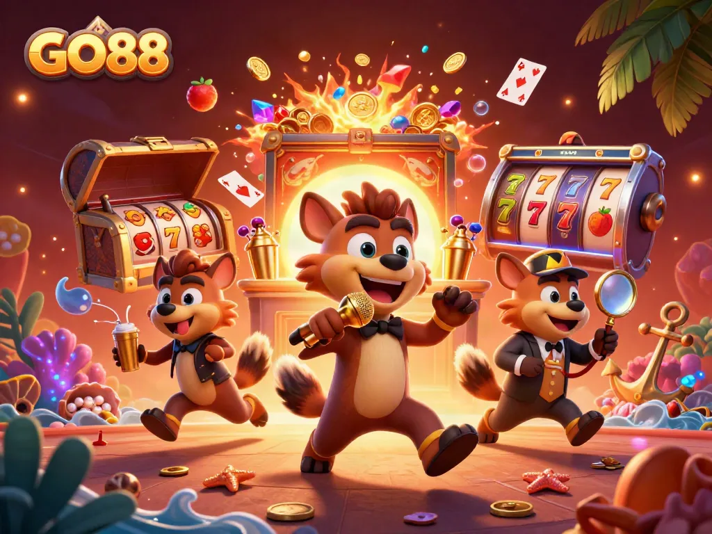 Experience laughter and gaming excitement with GO88, featuring a lively casino scene with hyenas.